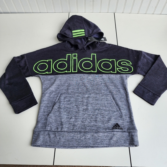 NWT Adidas Charcoal Gray Green Logo Pullover Fleece Hoodie Kids M (10-12) - Picture 1 of 8